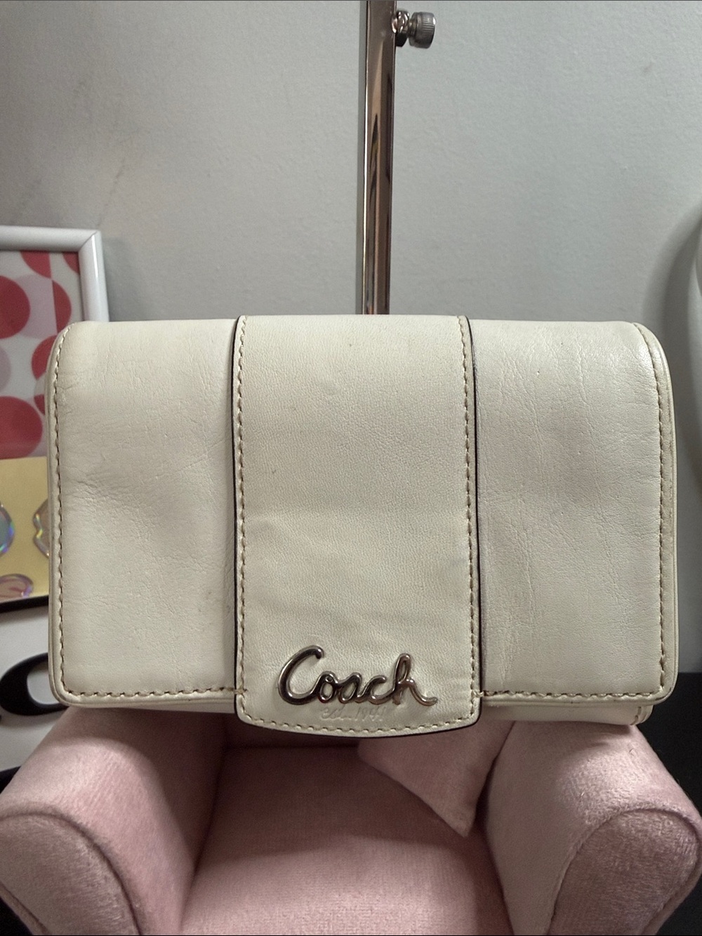 Coach Cream Leather Compact Wallet with Script Logo